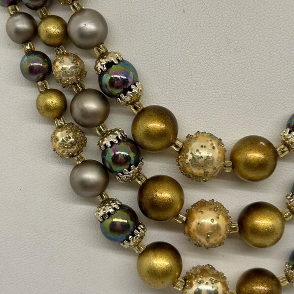 Vintage Multi-Strand Necklace Iridescent Gold Tone Pearlescent Beads Pro Formal - Picture 3 of 13